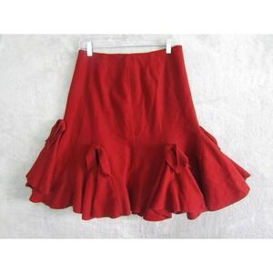 JON Red Flared Wool Ruffle Bow Skirt Knee Length Career Women Holiday Party